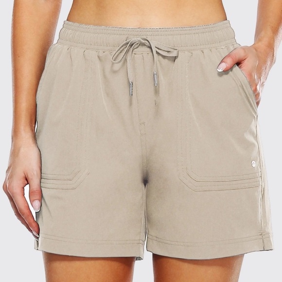 Tan Athletic Shorts with Elastic Waistband and Lightweight Fabric - Picture 1 of 10